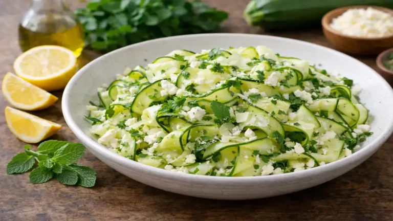 Salade de courgettes crues en tagliatelles avec citron, huile d’olive, menthe fraîche et feta émiettée