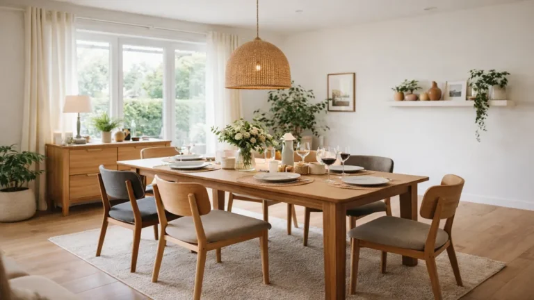 salle à manger chaleureuse avec table en bois, chaises confortables et éclairage doux pour recevoir des invités