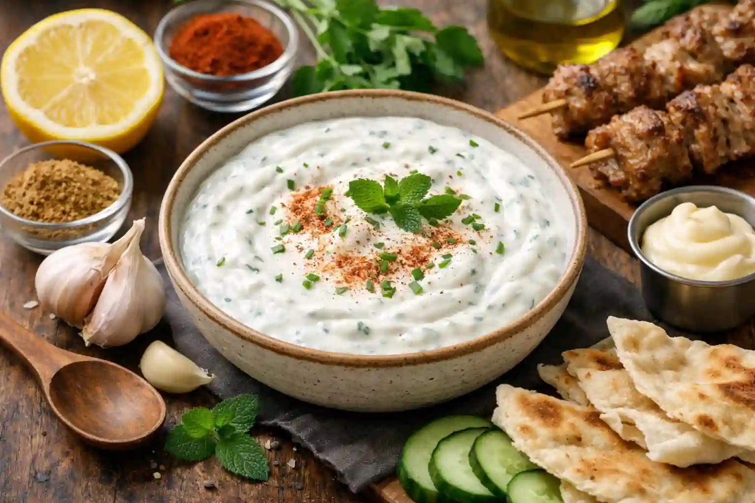 Sauce blanche kebab maison : la recette rapide et onctueuse 1 sauce blanche kebab maison onctueuse dans un bol avec herbes fraîches ail citron et épices sur table en bois