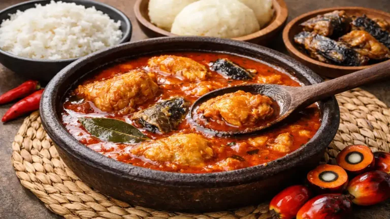 Sauce graine ivoirienne : recette traditionnelle aux noix de palme 3 Sauce graine ivoirienne rouge-orangée avec morceaux de poulet et poisson fumé, servie avec riz blanc