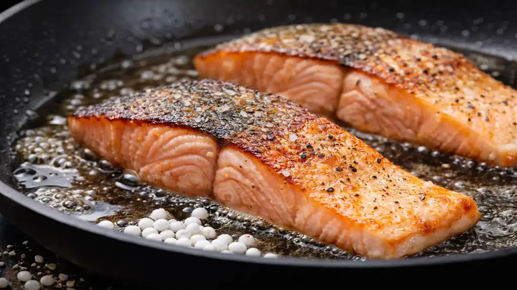 Saumon à la poêle : temps de cuisson, gestes clés et résultat parfait 1 saumon à la poêle avec peau croustillante en train de cuire dans une poêle chaude avec huile et sel