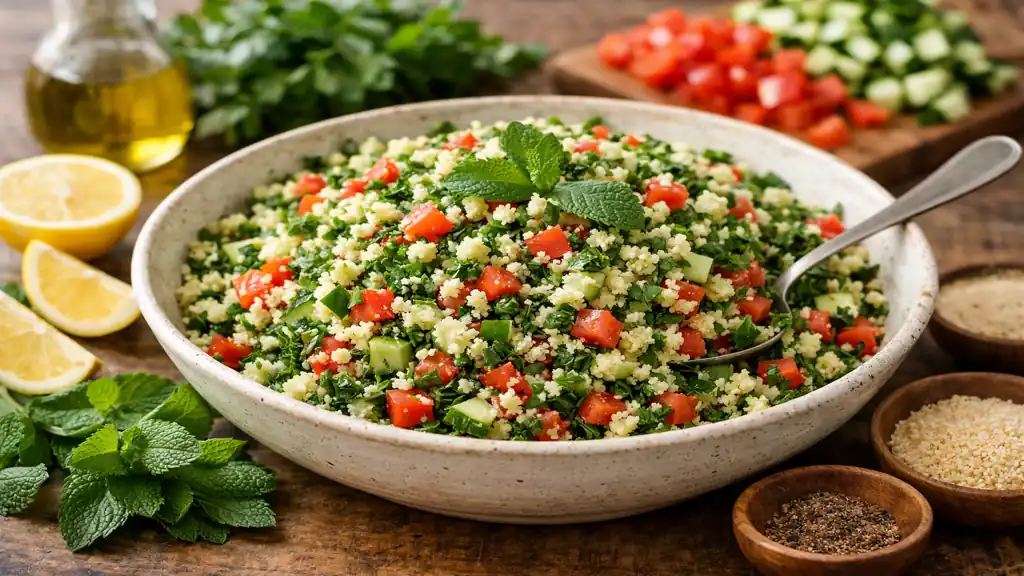 Taboulé maison frais et citronné avec semoule fine, tomates, concombre, persil et menthe dans un grand saladier