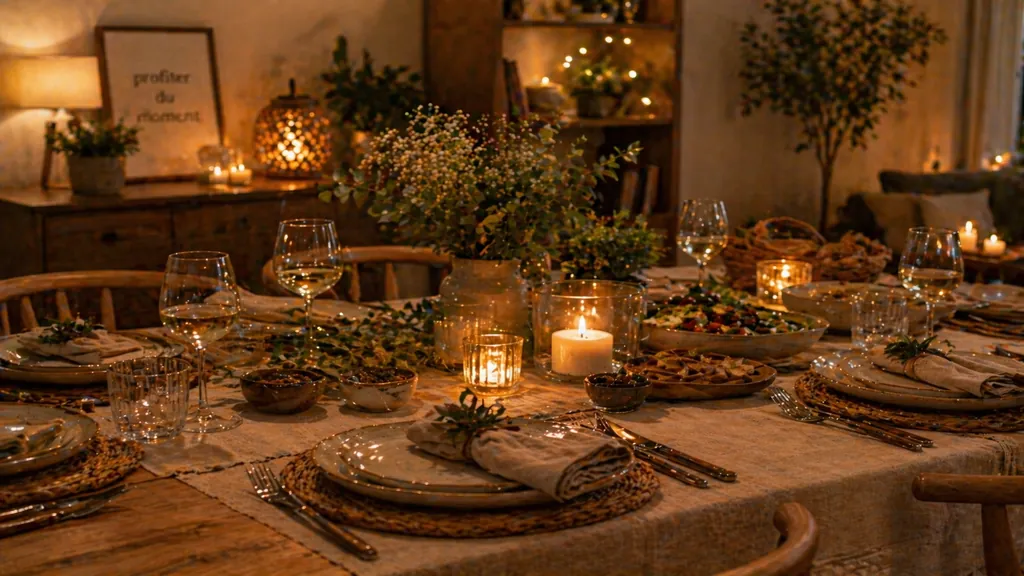 Ambiance repas : lumière, musique et décoration pour recevoir sans stress 1 ambiance repas chaleureuse avec table dressée, bougies, lumière douce et décoration naturelle pour recevoir à la maison