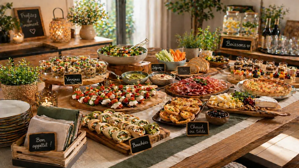 buffet maison convivial avec bouchées apéritives, salades, planches à partager et boissons sur une table en bois chaleureuse