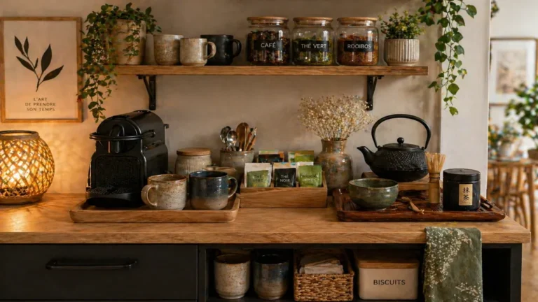 Créer un coin café ou thé à la maison : idées déco et organisation 2 coin café et thé maison avec tasses en céramique, machine à café, théière, bocaux rangés et ambiance chaleureuse en cuisine