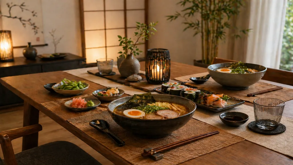 Déco de table japonaise : idées simples pour un repas élégant 1 déco de table japonaise élégante avec ramen, sushis, vaisselle en céramique et ambiance chaleureuse aux matières naturelles