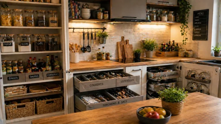 Rangement de cuisine : les astuces simples pour gagner du temps au quotidien 4 rangement cuisine optimisé avec placards ouverts, bocaux organisés, tiroirs pratiques et plan de travail dégagé
