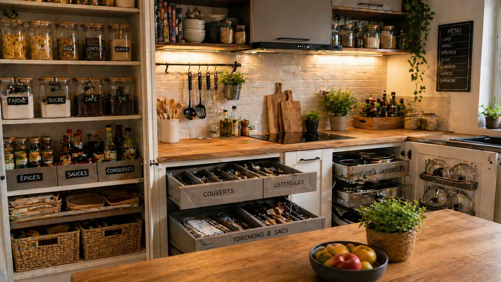 Rangement de cuisine : les astuces simples pour gagner du temps au quotidien 1 rangement cuisine optimisé avec placards ouverts, bocaux organisés, tiroirs pratiques et plan de travail dégagé