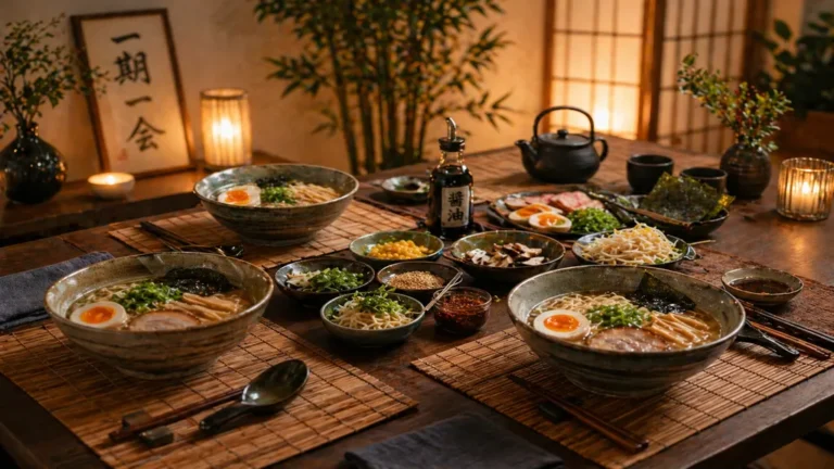 Organiser une soirée ramen à la maison : table, ambiance et service 7 soirée ramen maison avec bols de ramen, garnitures japonaises, baguettes et ambiance chaleureuse sur table en bois