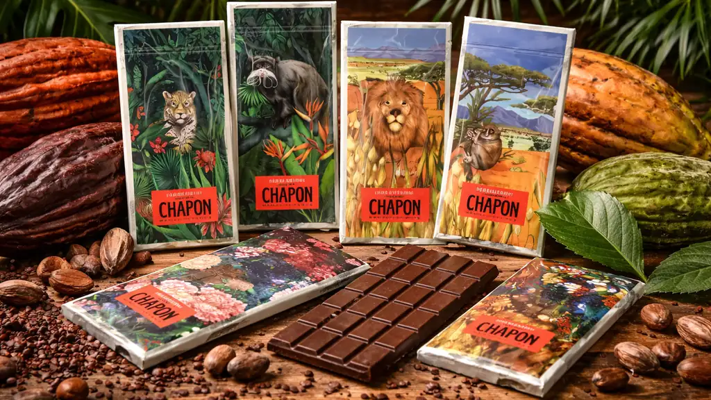 Assortiment de tablettes de chocolat Chapon bean-to-bar avec fèves de cacao, dans une mise en scène gourmande et artisanale.