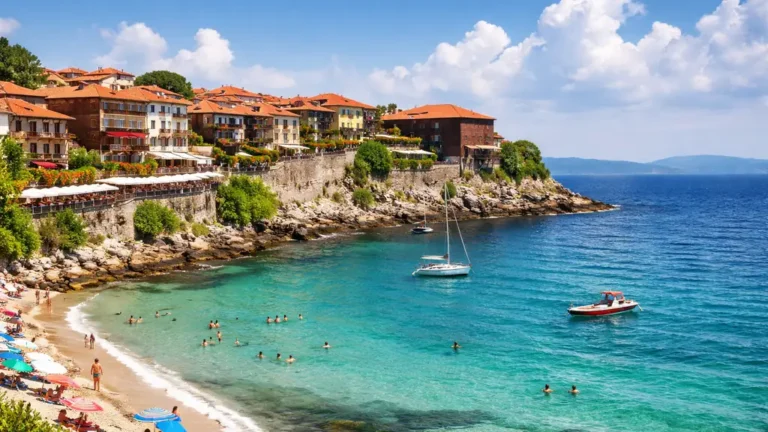 Vue côtière en Bulgarie avec vieille ville en bord de mer, eau turquoise et ambiance estivale pour illustrer un voyage en Bulgarie à petit budget