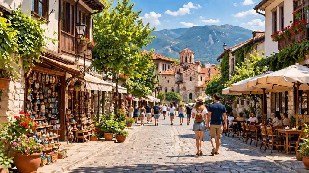 Rue pavée animée en Bulgarie avec maisons traditionnelles, terrasses et montagne en arrière-plan pour illustrer un voyage en Bulgarie