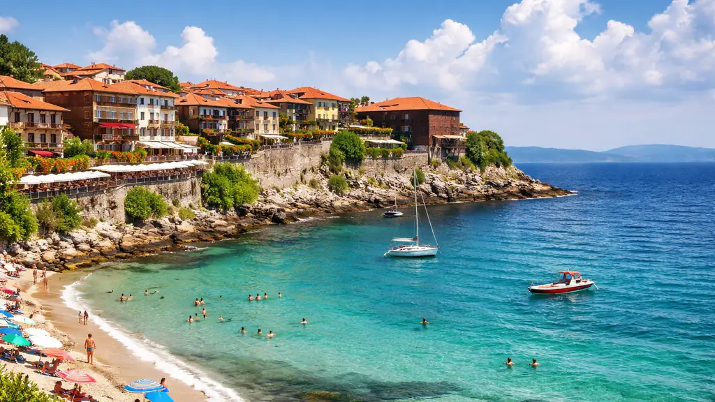 Vue côtière en Bulgarie avec vieille ville en bord de mer, eau turquoise et ambiance estivale pour illustrer un voyage en Bulgarie à petit budget