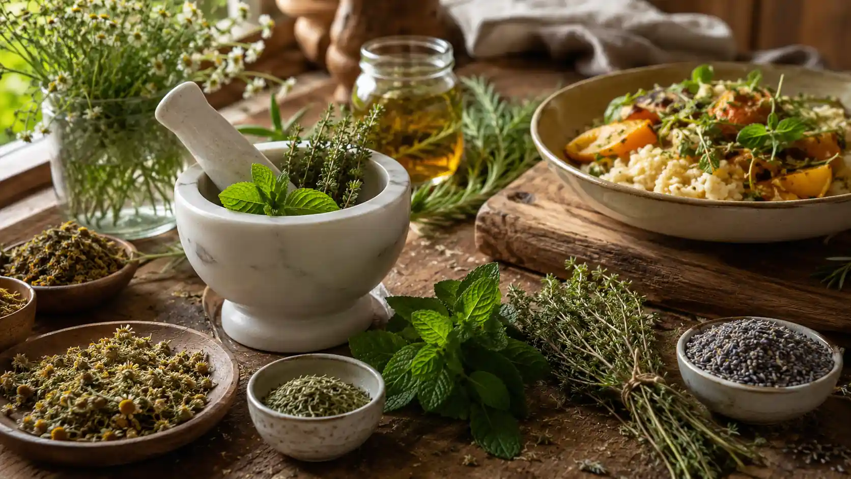Les bons plans herboristerie pour améliorer ses repas 2 Herbes aromatiques fraîches et séchées préparées au mortier dans une cuisine rustique avec un plat maison aux légumes.