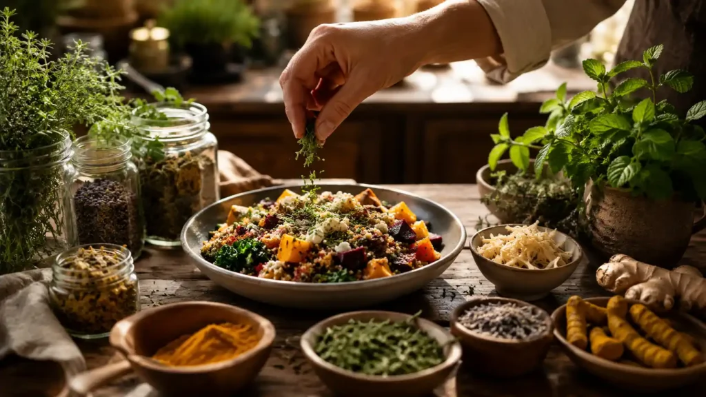 Plat coloré agrémenté d’herbes aromatiques fraîches dans une cuisine rustique avec épices, plantes et ingrédients d’herboristerie.