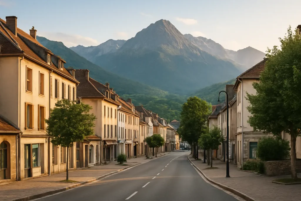 Centre-ville de Bagnères-de-Bigorre avec les Pyrénées en arrière-plan