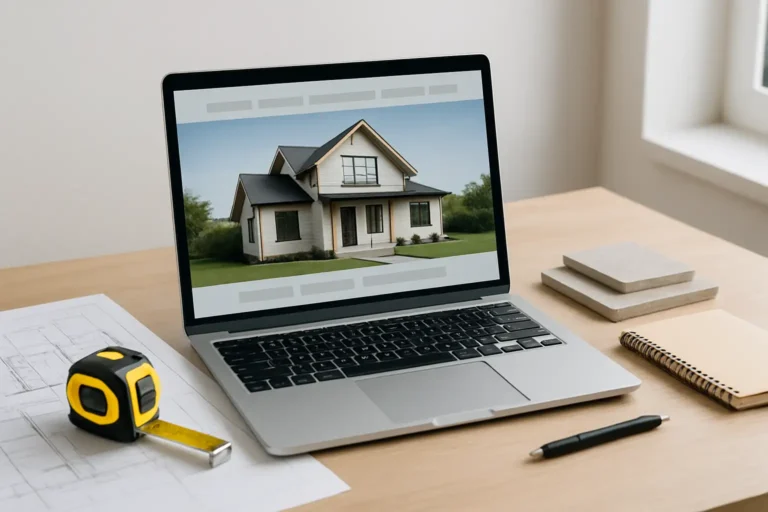 Bati-actu.fr : à quoi sert ce site et comment l’utiliser ? 5 Ordinateur portable affichant un site sur le bâtiment, avec accessoires de rénovation sur une table