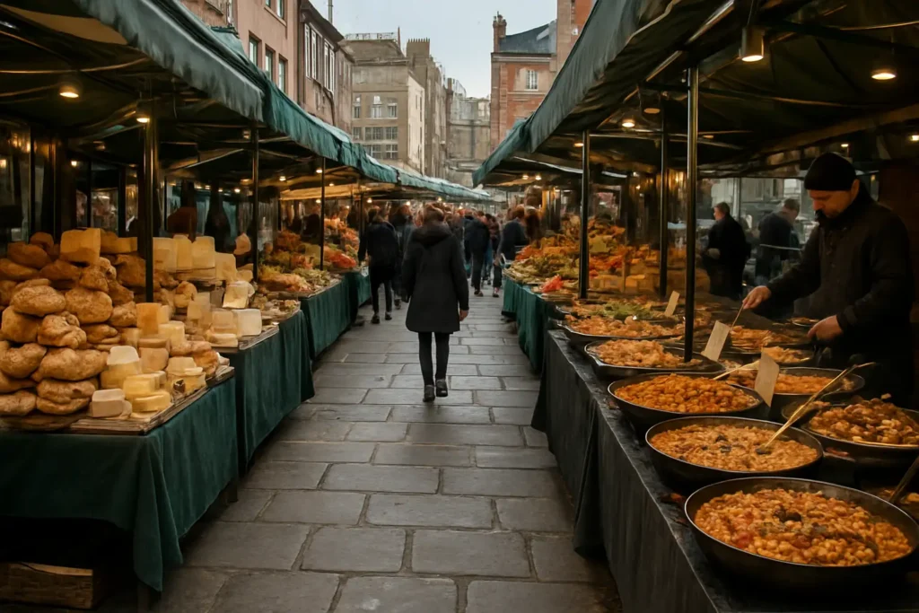 Vue réaliste de Borough Market à Londres avec ses étals de street food et de produits frais