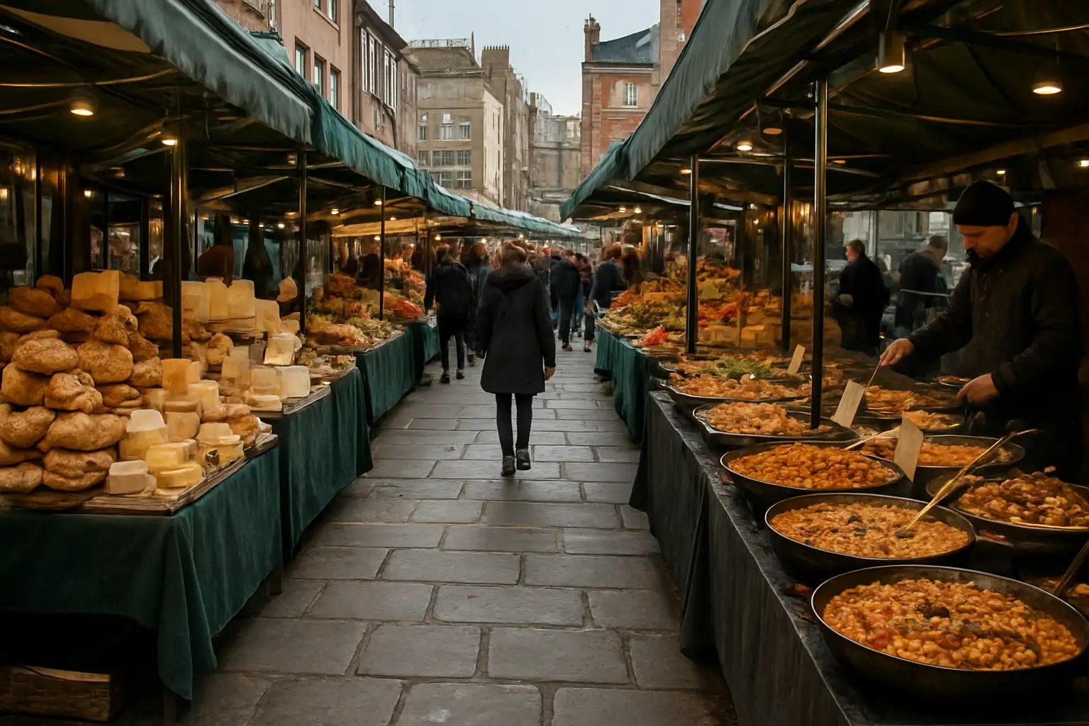 Vue réaliste de Borough Market à Londres avec ses étals de street food et de produits frais