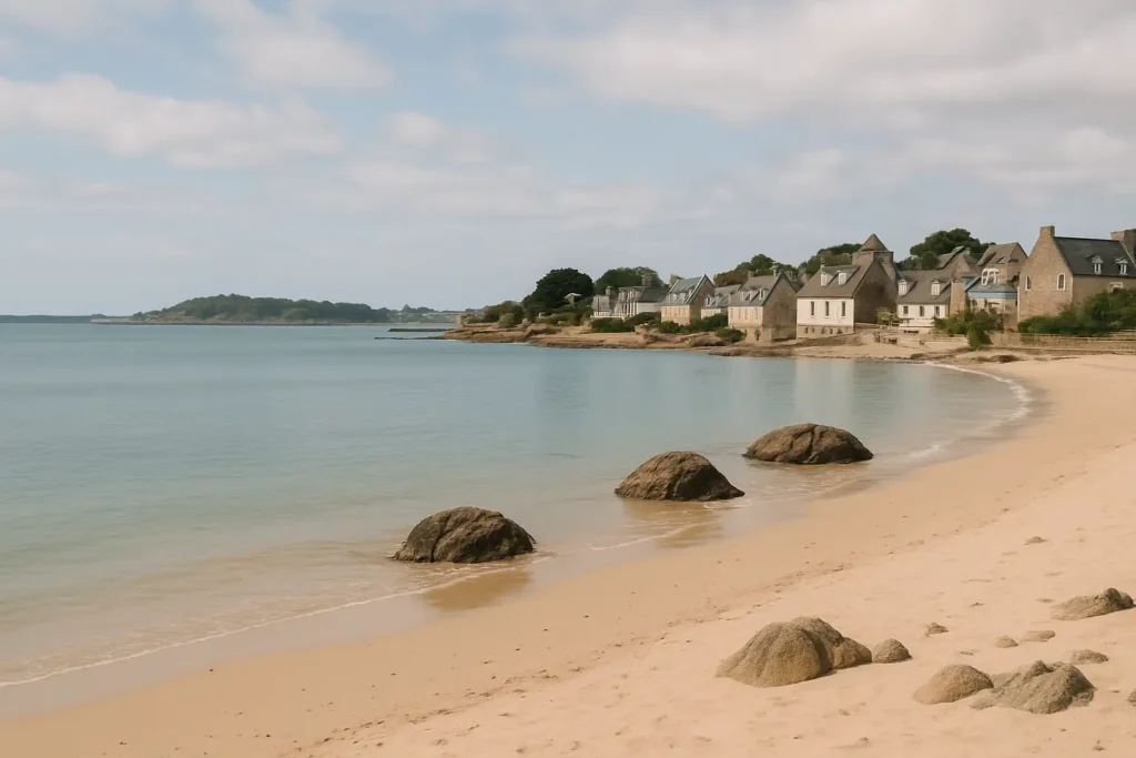 Vue de Carantec avec plage, mer et baie en Bretagne