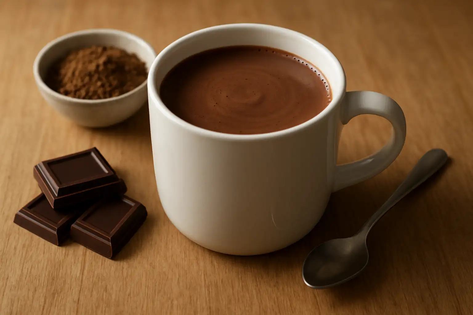 Tasse de chocolat chaud onctueux avec carrés de chocolat et cacao en poudre sur une table en bois