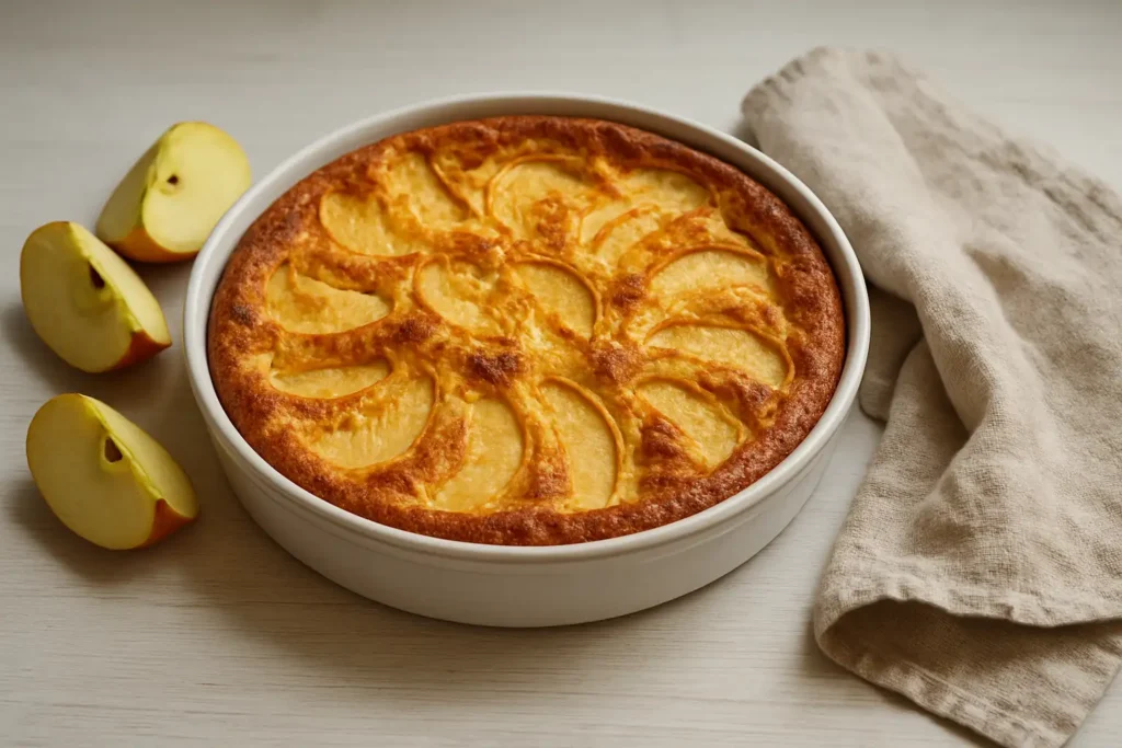 Clafoutis aux pommes doré présenté dans un moule, avec des pommes fraîches à côté