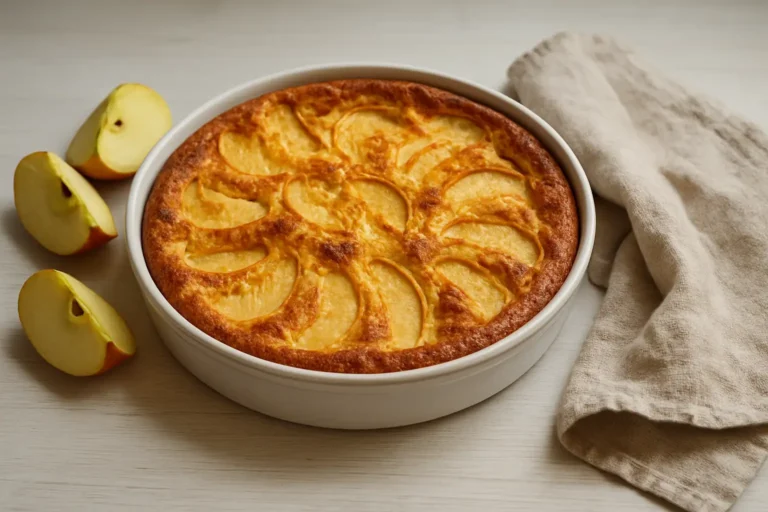 Clafoutis aux pommes doré présenté dans un moule, avec des pommes fraîches à côté