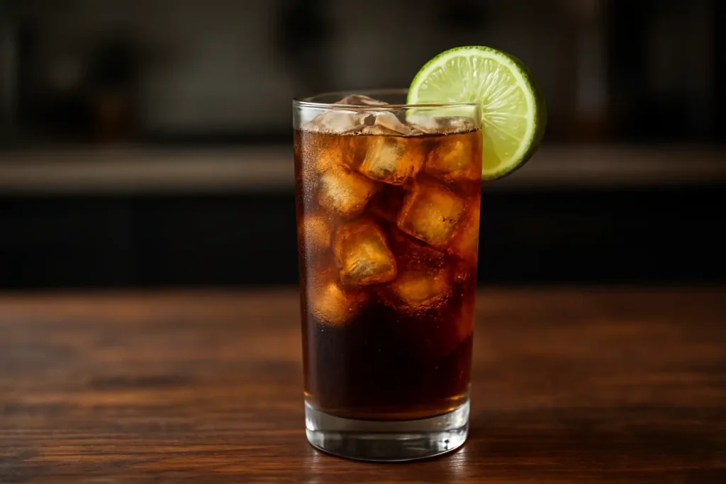 Verre de cuba libre avec glaçons, cola et citron vert