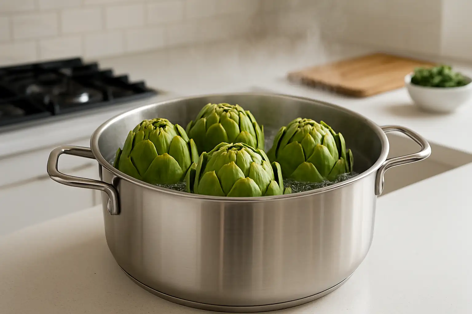 Cuisson artichaut : temps et méthodes simples pour le réussir 1 Artichauts en cuisson dans une casserole en cuisine, avec vapeur légère
