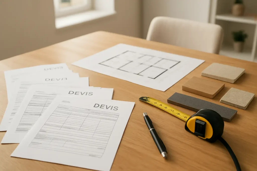 Devis travaux habitatpresto posé sur une table avec mètre ruban et plans de rénovation