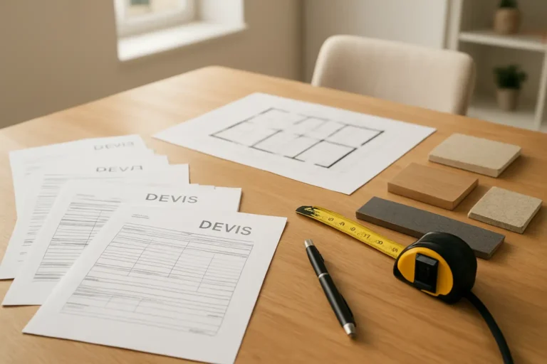 Devis travaux HabitatPresto : comment ça marche et à quoi s’attendre 3 Devis travaux habitatpresto posé sur une table avec mètre ruban et plans de rénovation
