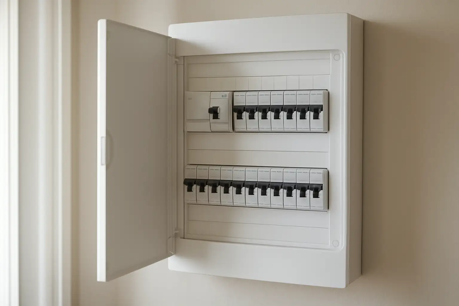Disjoncteur différentiel : fonctionnement et rôle dans la maison 1 Tableau électrique domestique avec disjoncteur différentiel visible