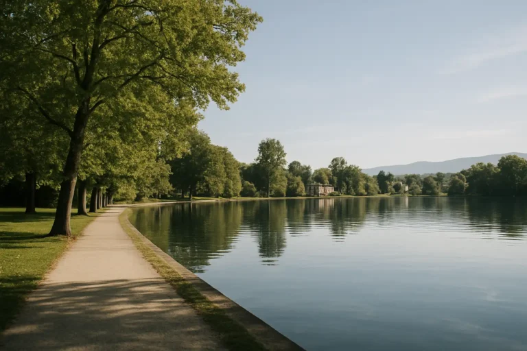 Vue du lac de Divonne-les-Bains avec promenade et ambiance paisible
