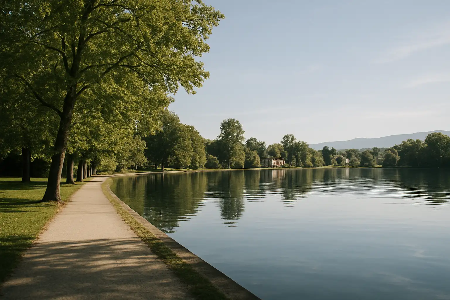 Vue du lac de Divonne-les-Bains avec promenade et ambiance paisible