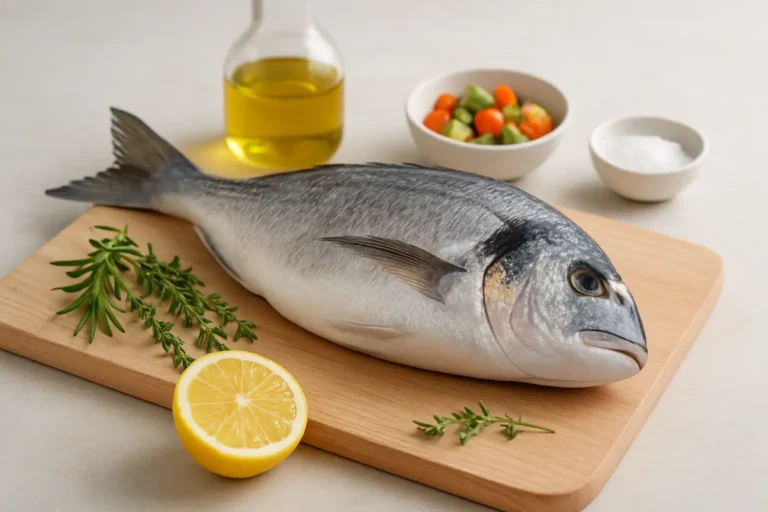 Dorade fraîche prête à être cuisinée avec citron et herbes sur une planche de cuisine