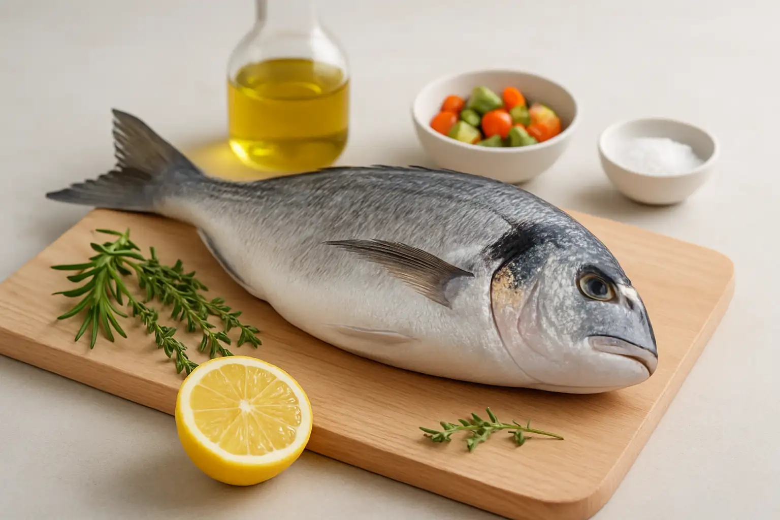 Dorade : bien la choisir, la préparer et la cuisiner 1 Dorade fraîche prête à être cuisinée avec citron et herbes sur une planche de cuisine
