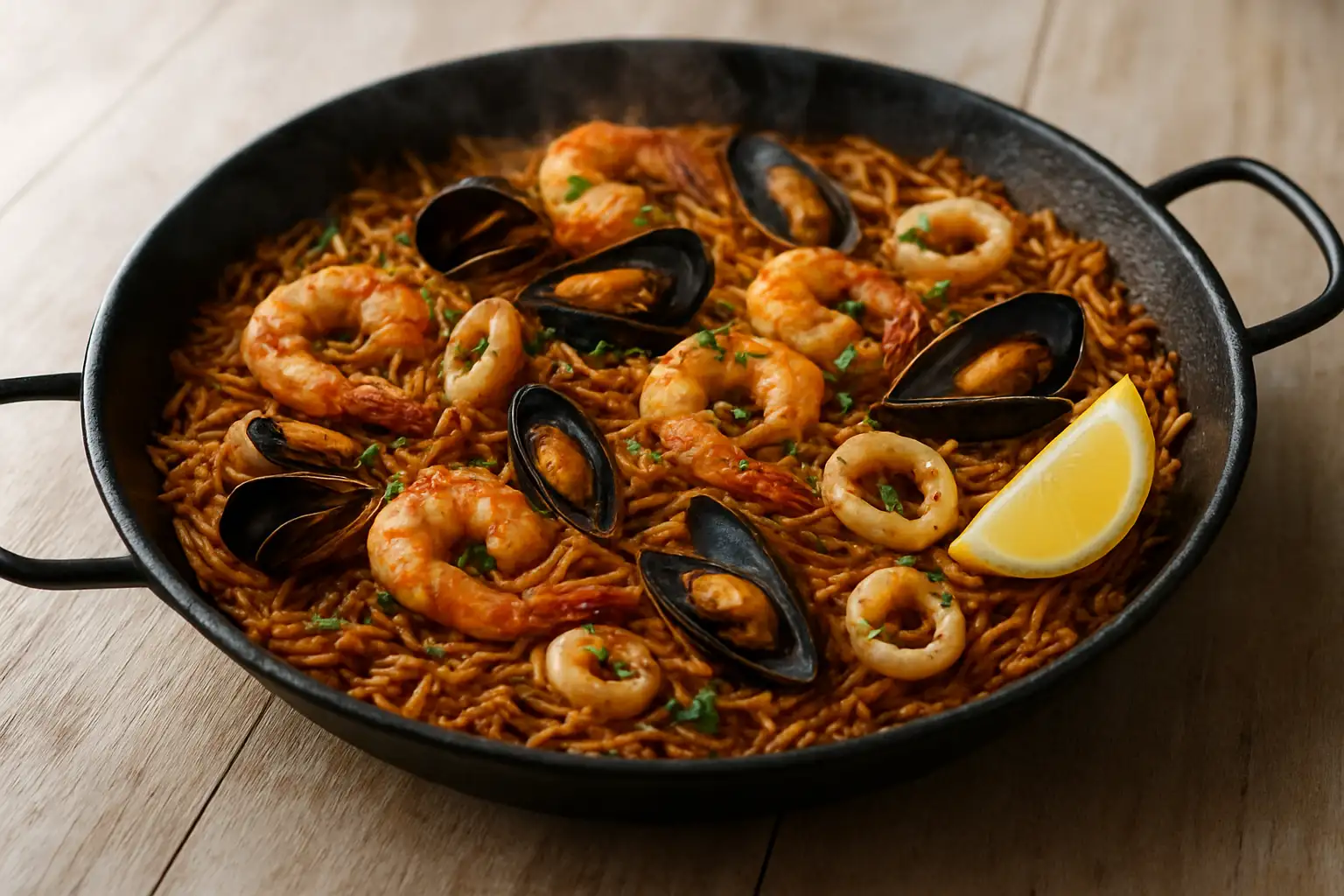 Une fideuà espagnole dans une grande poêle avec fruits de mer et citron