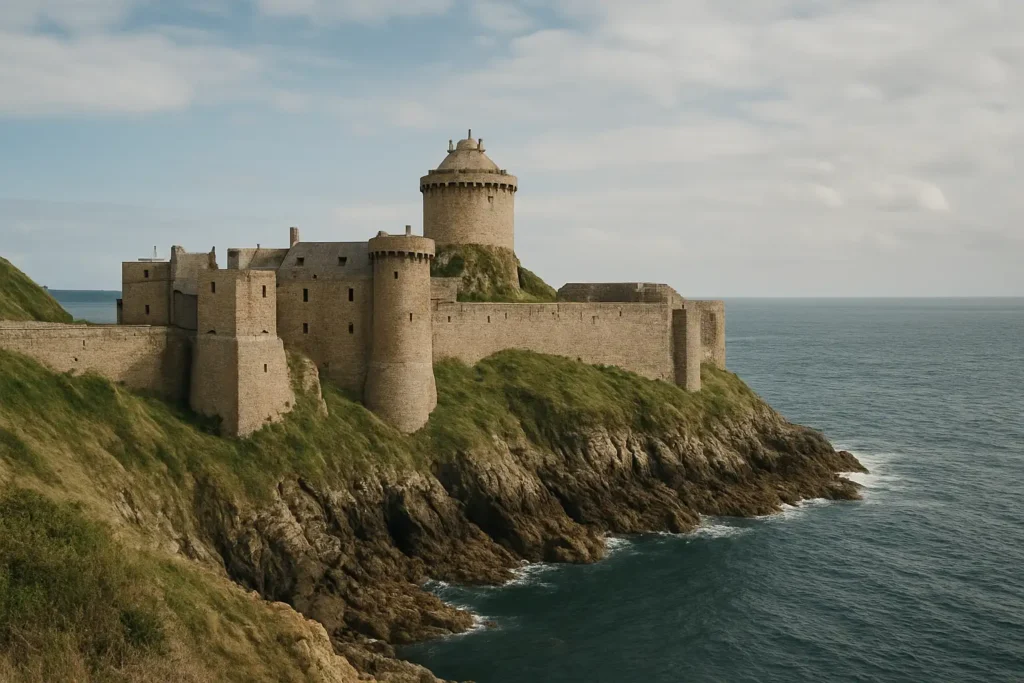 Vue du Fort La Latte sur son promontoire rocheux face à la mer en Bretagne