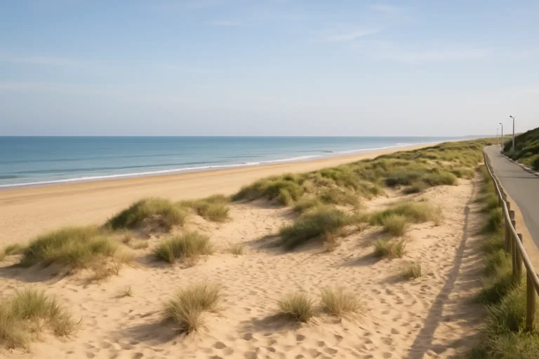 Vue réaliste de la plage de Mimizan avec sable, dunes et océan Atlantique
