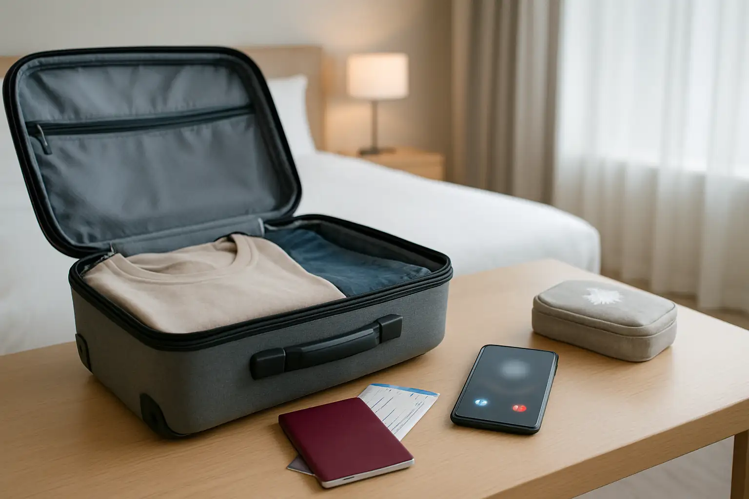 Mondial Assistance : que propose vraiment ce service d’assistance voyage ? 1 Valise de voyage avec téléphone, passeport et trousse de secours pour illustrer l’assistance voyage Mondial Assistance