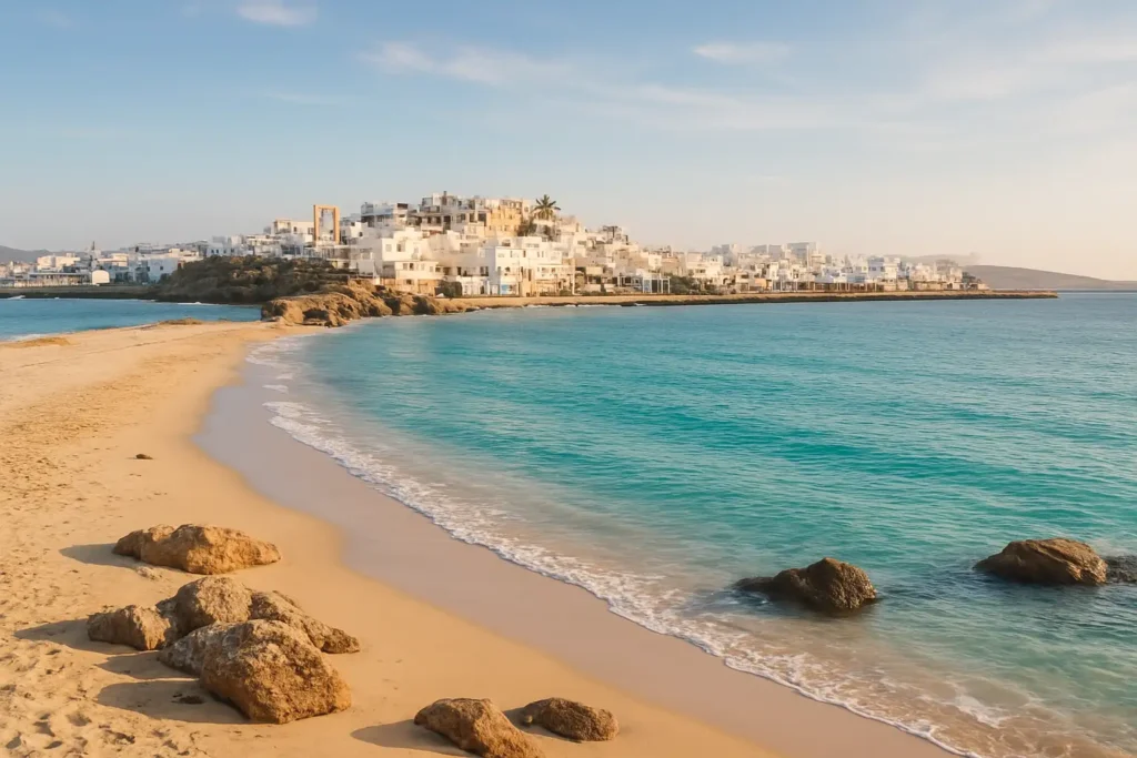Vue d’une plage de Naxos avec la mer turquoise et la vieille ville en arrière-plan