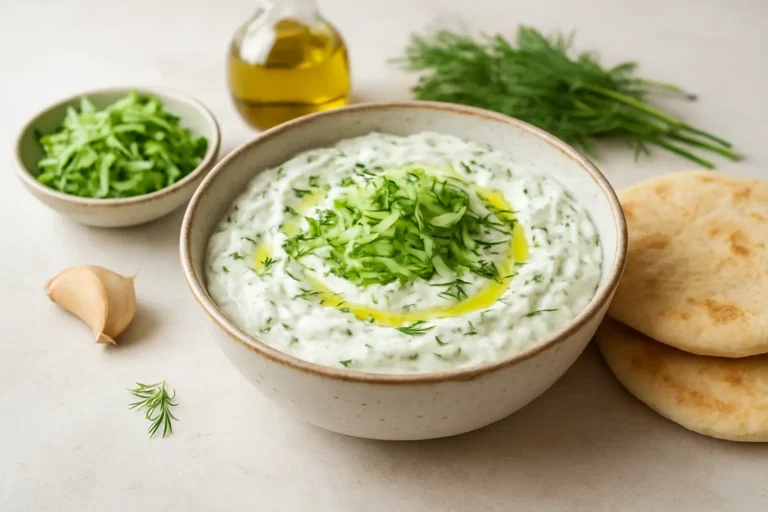 Bol de tzatziki maison avec concombre, yaourt, ail, aneth et pain pita