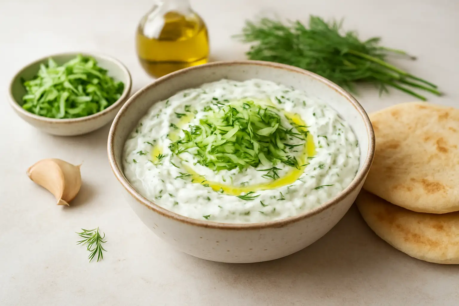Recette tzatziki maison : la version grecque simple et fraîche 1 Bol de tzatziki maison avec concombre, yaourt, ail, aneth et pain pita