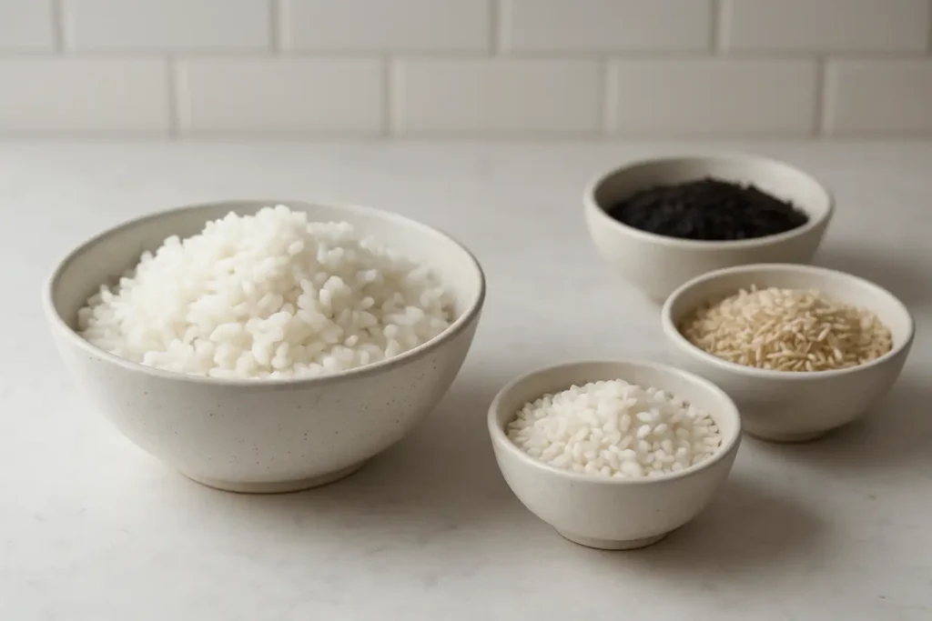 Bol de riz cuit et petits bols de riz cru sur un plan de travail de cuisine