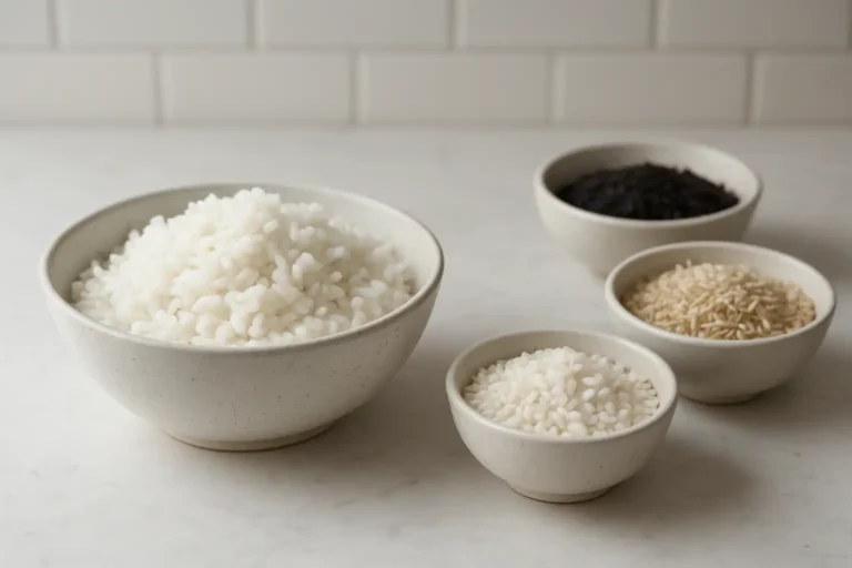 Bol de riz cuit et petits bols de riz cru sur un plan de travail de cuisine
