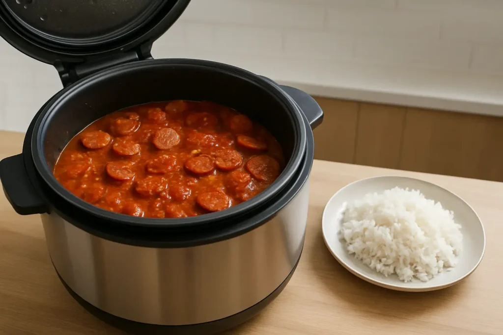 Rougail saucisse Cookeo servi dans un plat avec sauce tomate et riz