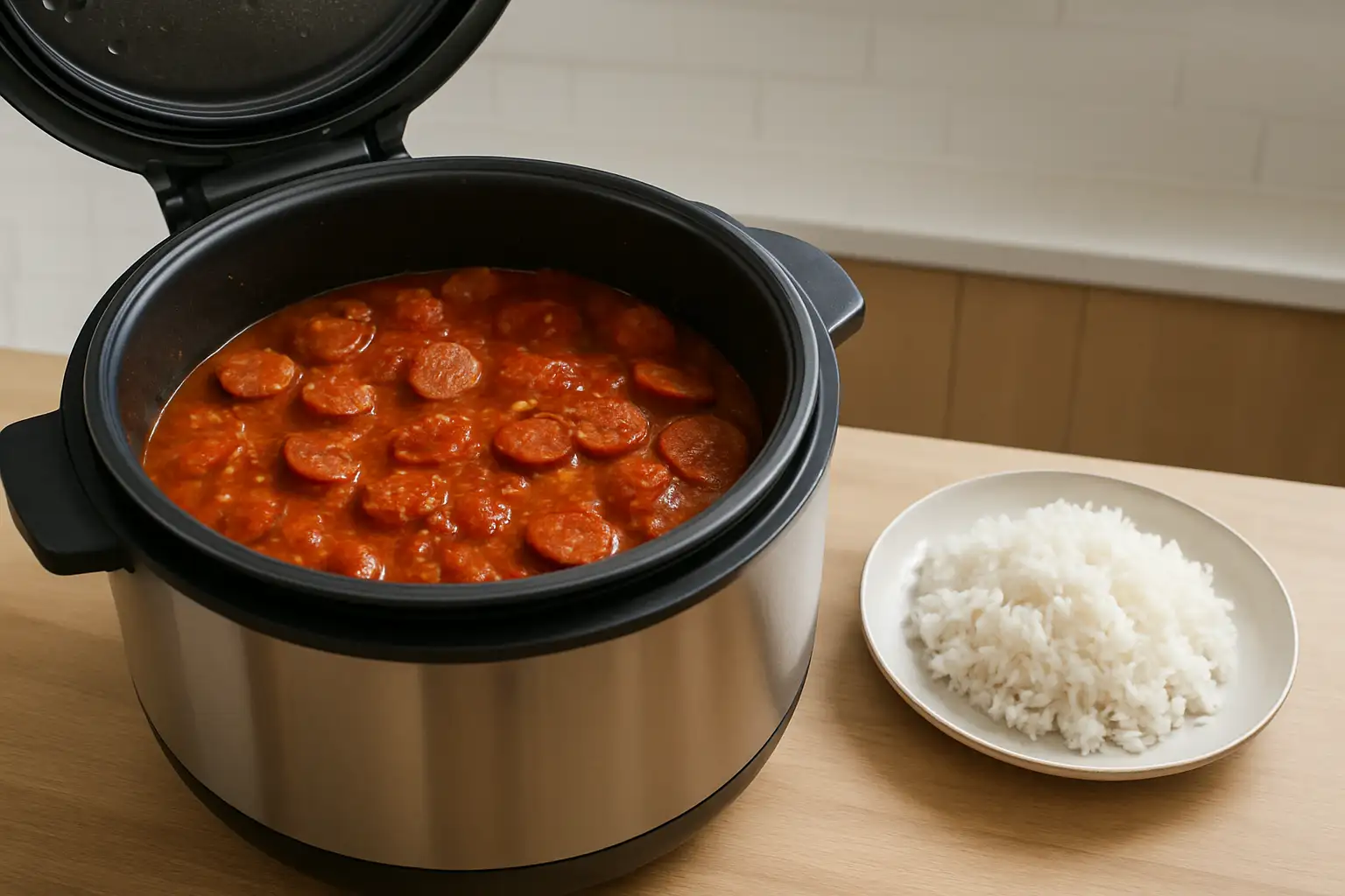 Rougail saucisse Cookeo : la recette facile et rapide 1 Rougail saucisse Cookeo servi dans un plat avec sauce tomate et riz