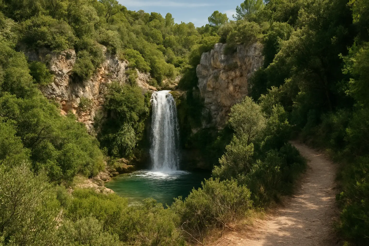 Cascade de Sillans-la-Cascade avec sentier de promenade et végétation provençale