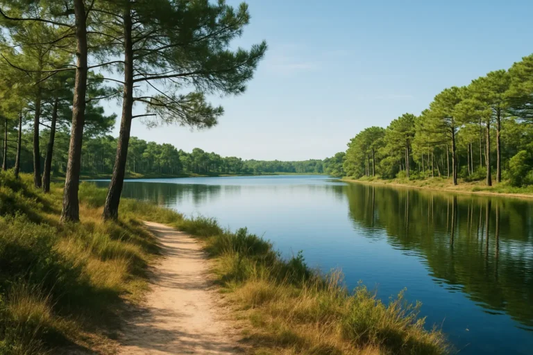 Paysage de Soustons avec lac paisible et forêt de pins dans les Landes
