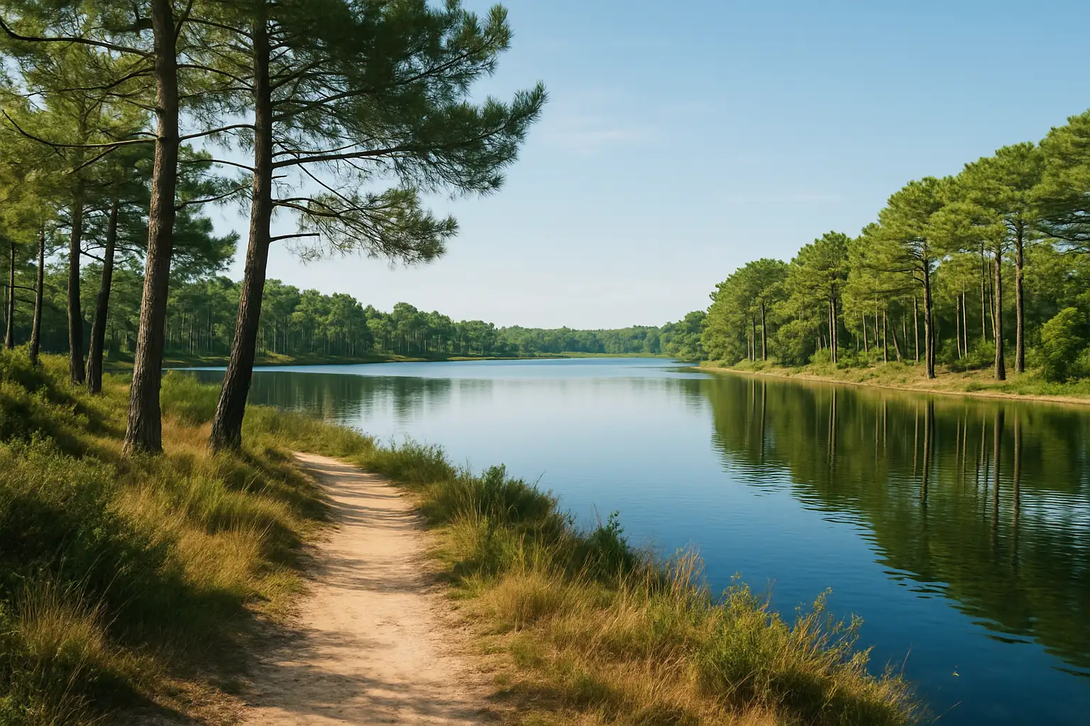 Paysage de Soustons avec lac paisible et forêt de pins dans les Landes